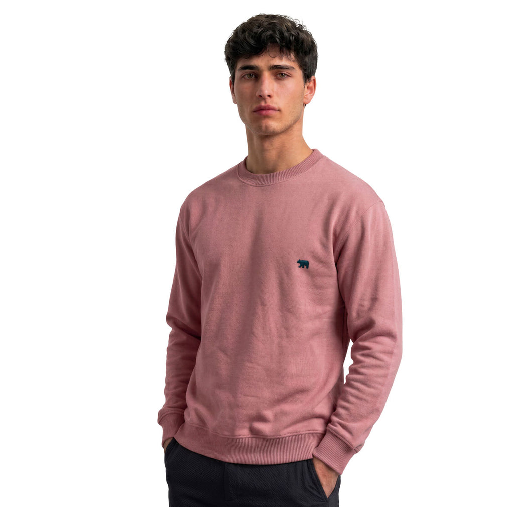 Hombre usando buzo color salmón de cuello redondo unisex